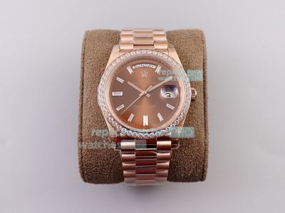 EWF Rolex Day-Date Rose Gold Replica Watch 40MM Brown Diamond Stick Dial